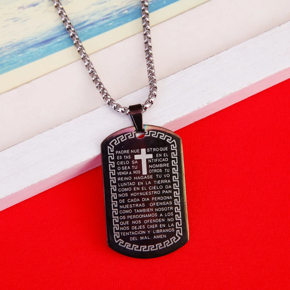 Dog Tag Cross Necklace Pendant Stainless Steel Chain Black Bible Verse