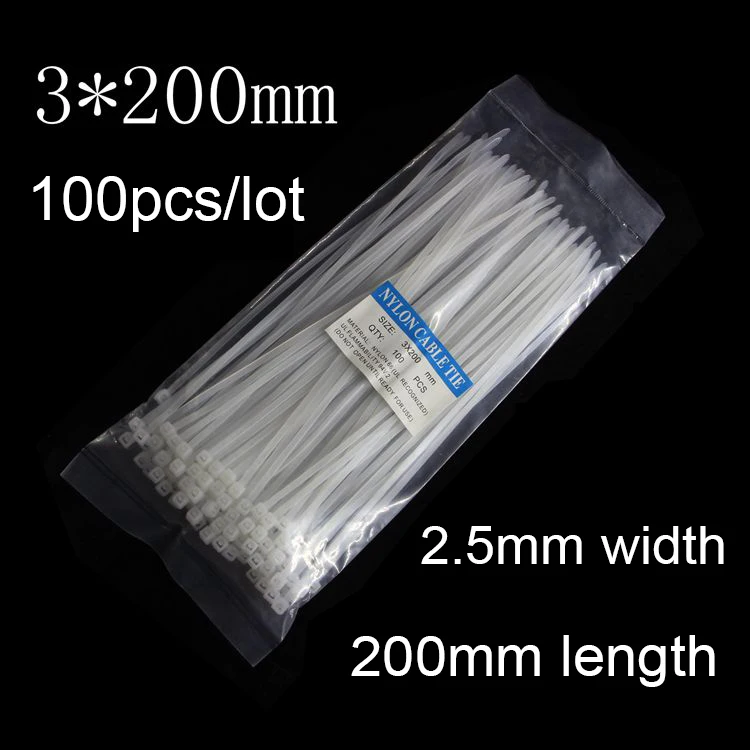 

3*200mm Plastic Nylon Cable Ties black white Standard Self-locking Wire Zip Tie food seal 100pcs/lot