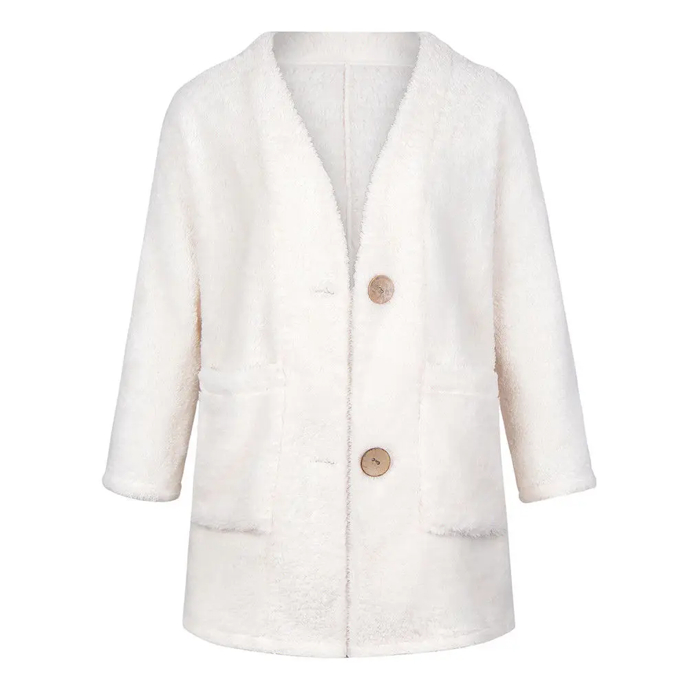 YANDW Women Sweater Coat Winter Autumn Casual Loose Long Sleeve Deep V Neck White Tops Double Pockets Open Stitch Cardigans |