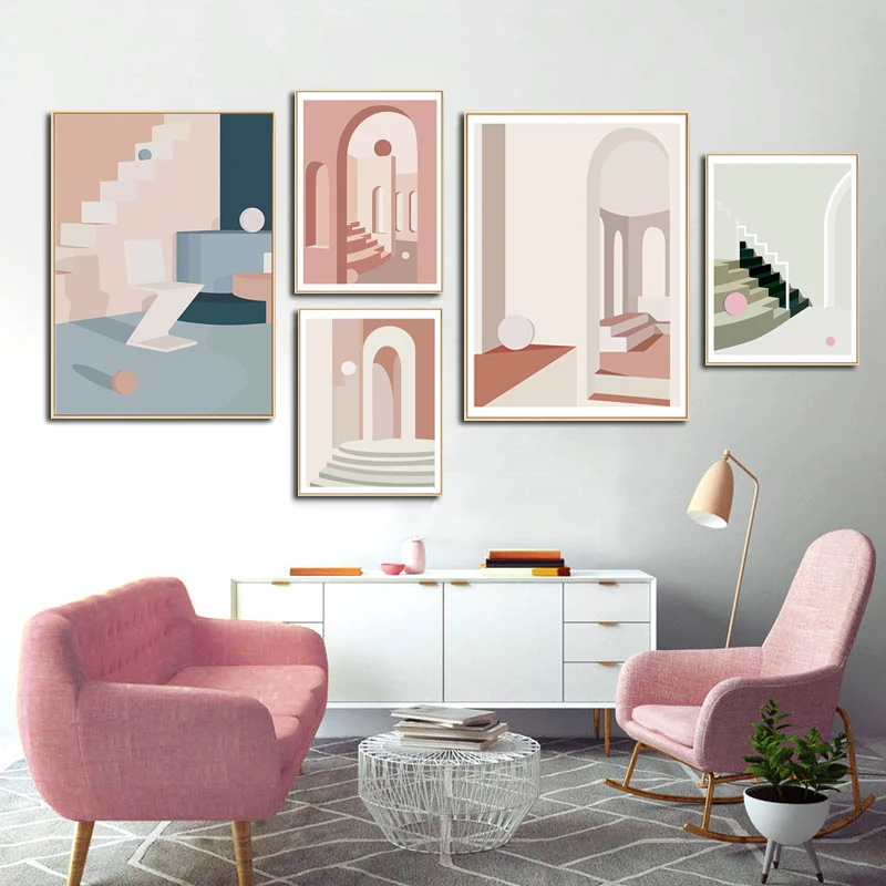 

Nordic Frosty Style Pink Building Canvas Painting Abstract Geometric Art Poster Restaurant Living Room Decoration Wall Pictures