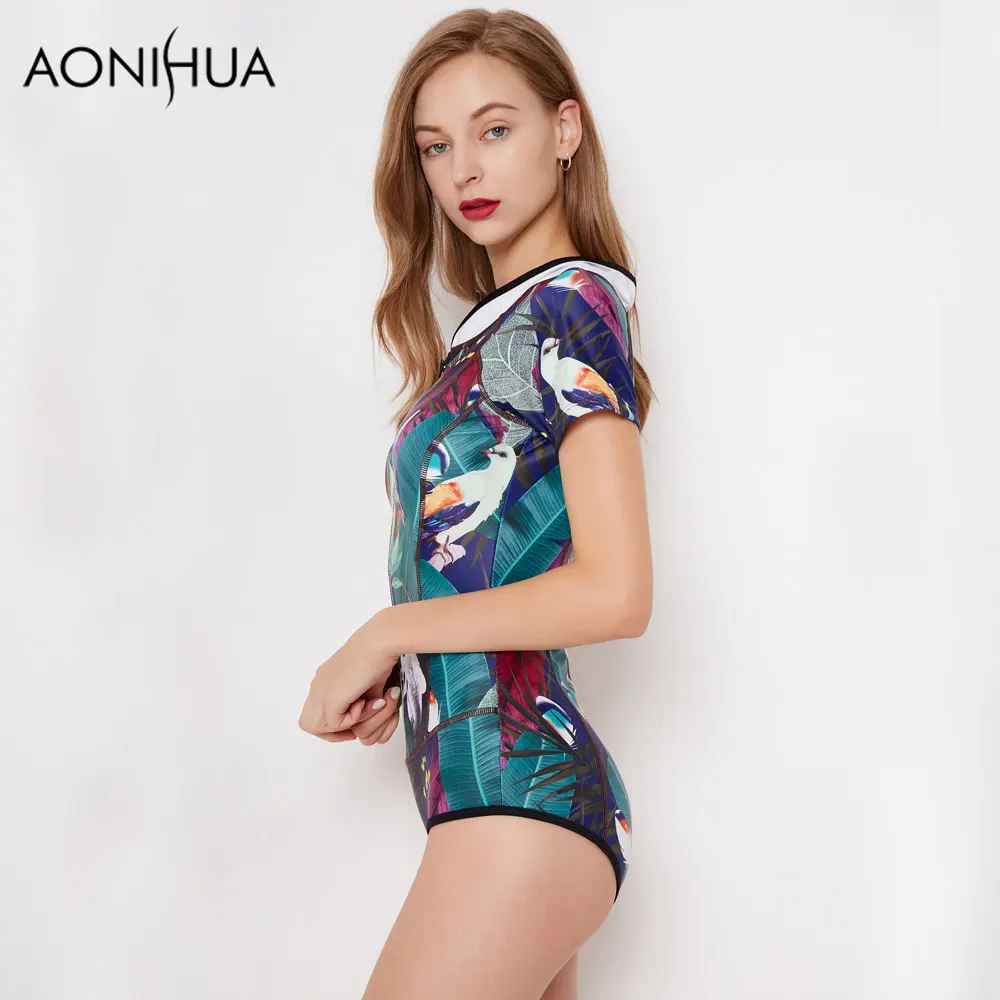 AONIHUA ملابس النساء بدلة سباحة من قطعة واحدة 2018 خمر الطيور طباعة الأخضر يترك قصيرة الأكمام تصفح الاستحمام ملابس سباحة XXL AONIHUA ملابس النساء بدلة سباحة من قطعة واحدة 2018 خمر الطيور طباعة الأخضر يترك قصيرة الأكمام تصفح الاستحمام ملابس سباحة XXL