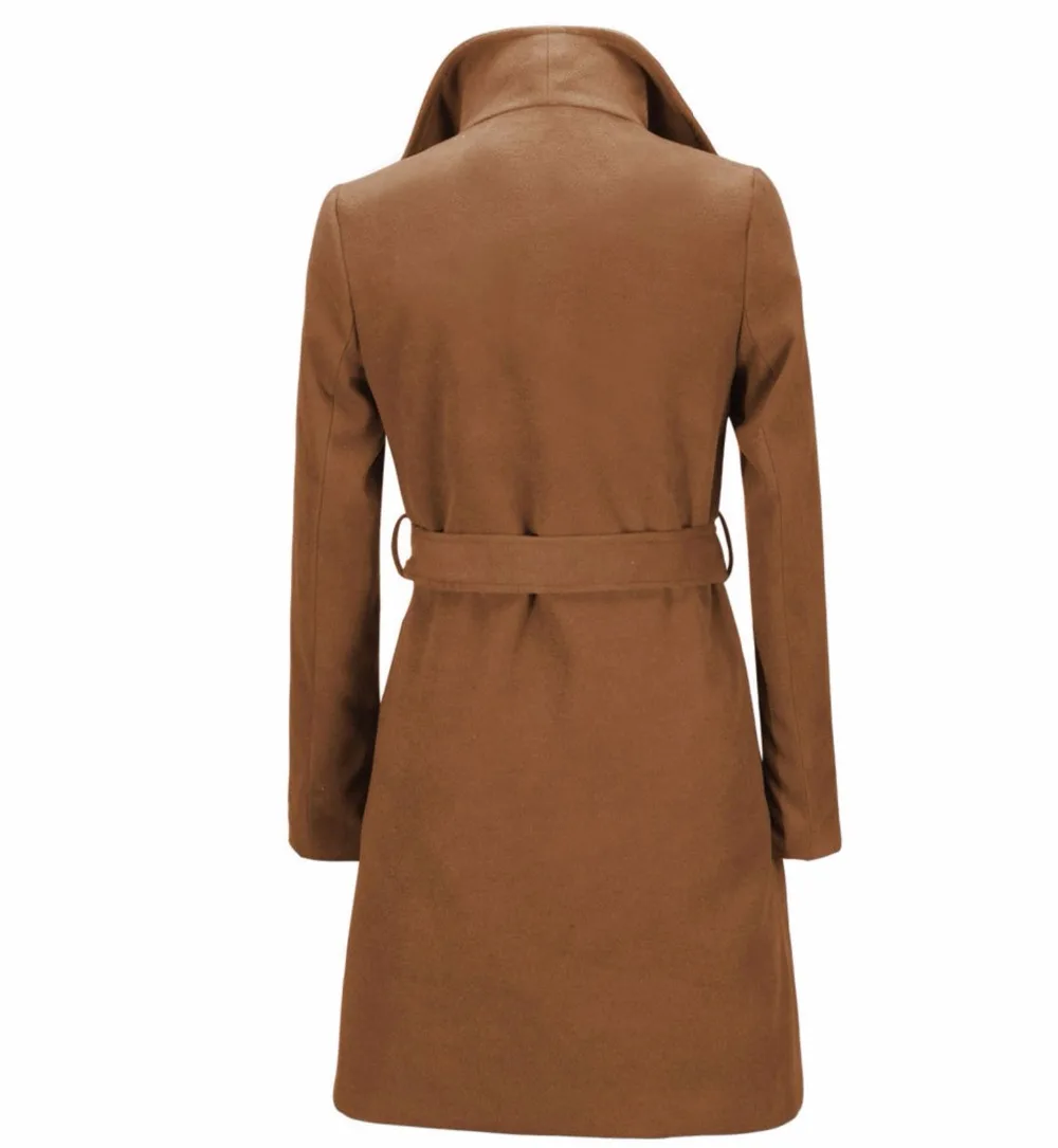 Женское зимнее шерстяное пальто с отложным воротником, с регулируемой талией, высокое качество, с длинным рукавом, тонкое длинное пальто, однотонное пальто