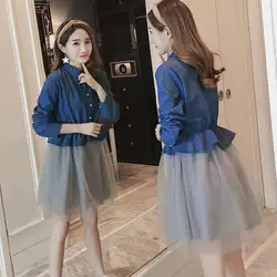 2018 Новинка осени корейская мода для беременных платье джинсовой шить Сетчатое платье Длинные рукава длинный отрезок