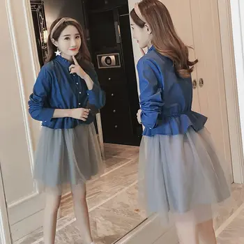 

2018 autumn new Korean fashion maternity dress denim stitching mesh dress long sleeve long section