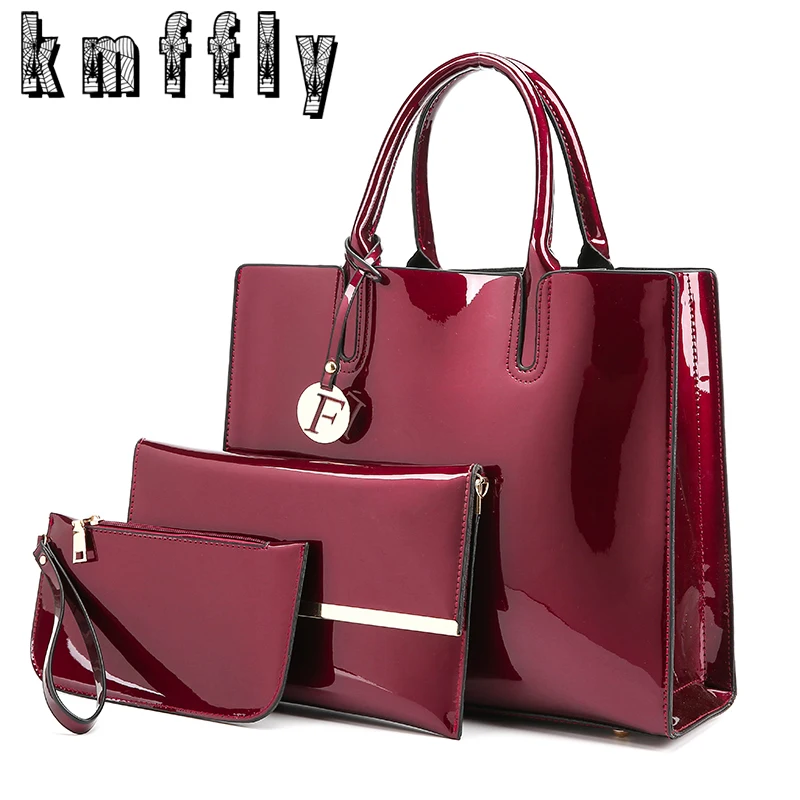 

High Quality Patent Leather Women Handbags Luxury Solid 3 Sets Ladies Composite Bag Fashion Trunk Bags For Women Shoulder Bags