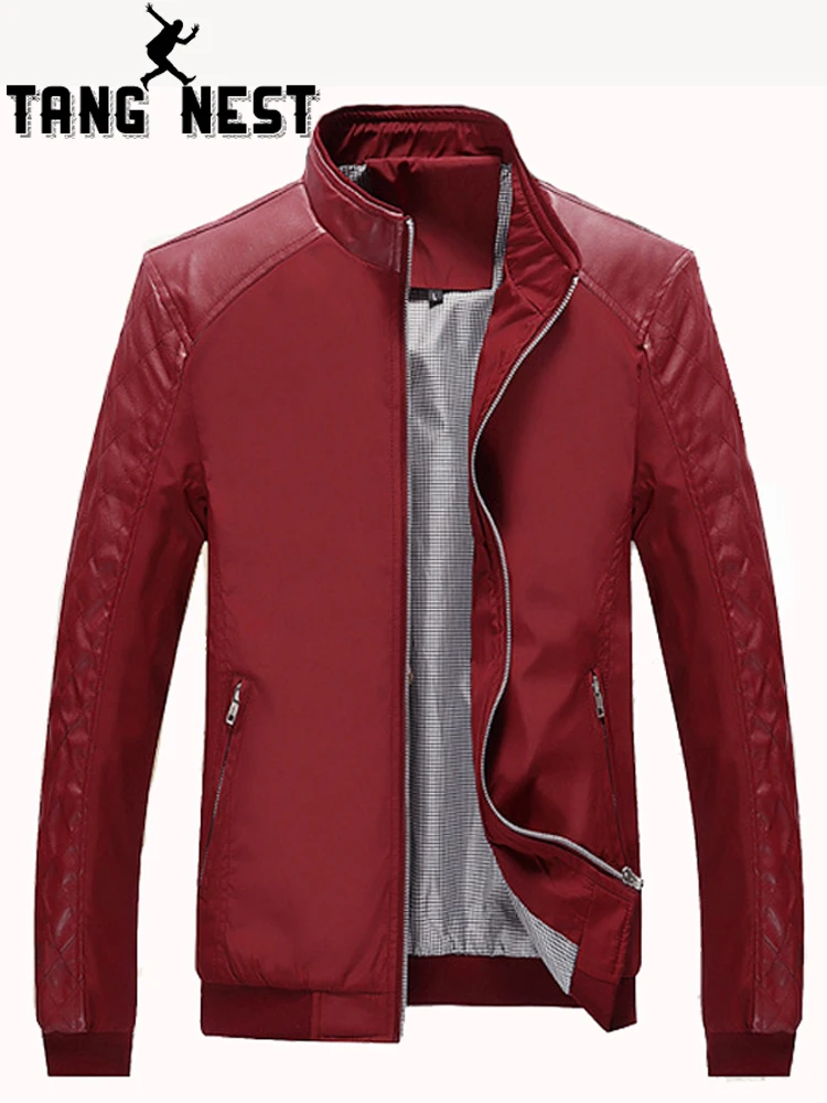

TANGNEST 2019 Spring New Design Youth Jacket Men Thin Slim PU Leather Stitching Casual Men Jacket Fashion Veste Homme MWJ2339