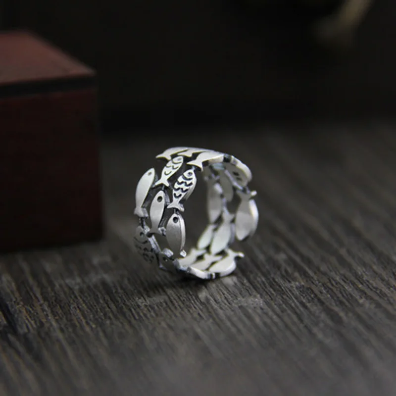 Ceny Trzy rzędy Hollow pływanie ryby pierścień zwierząt gwarantowana 925 Sterling Silver Rings dla kobiet Antique matowy przetwarzania biżuterii