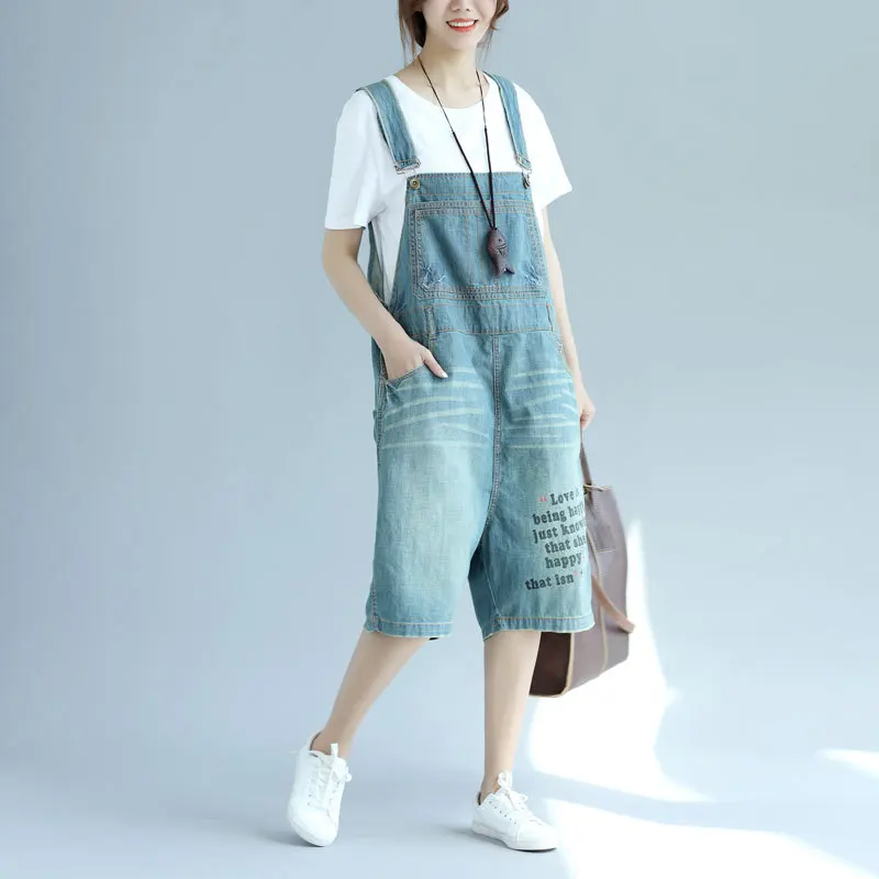 Women Casual Knee Length Jeans Ladies Denim Overalls Denim Letter Print