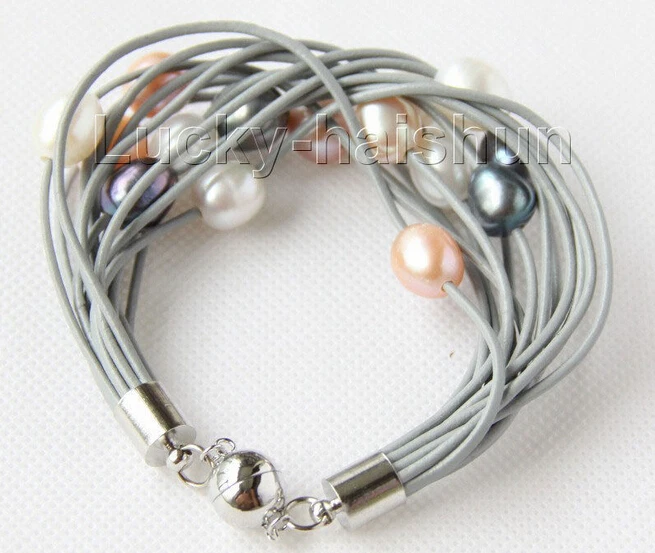 

hot sell8" 13mm 15row white black pink purple pearls gray leather bracelet -Bridal jewelry free shipping