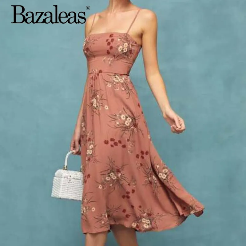 

Bazaleas Holiday Spaghetti Strap Women Dress Vintage Red Floral Print midi Dress Chic Pocket Vestidos summer Dress drop shipping