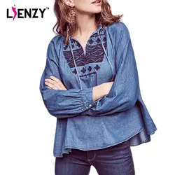 Lienzy осень-зима винтажные женские джинсовые рубашки блузки кулиска с v-образным вырезом и длинным рукавом вышивка свободный стиль Женщины