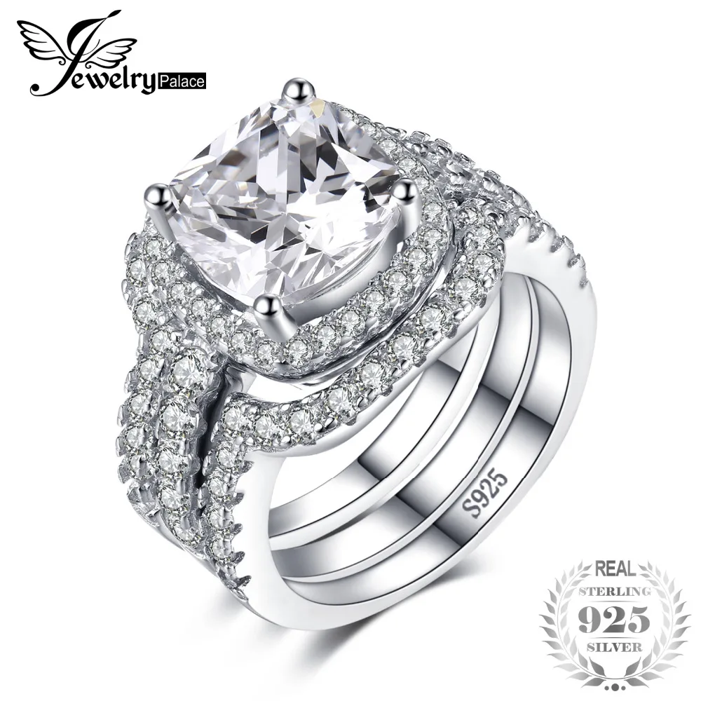 

JewelryPalace Cushion 5ct 3 Pc Wedding Band Stackable Halo Solitaire Engagement Ring Bridal Sets 925 Sterling Silver Jewelry