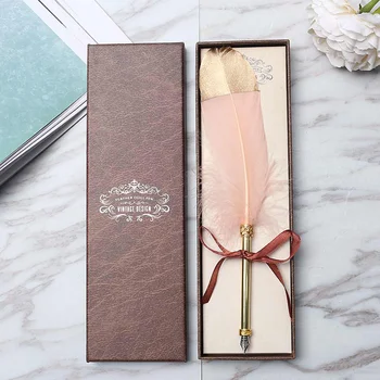 

Vintage Quill White Feather Dip Pen Fountain Pens Calligraphy Writing Supplies For Wedding Decor Party With Gift Box