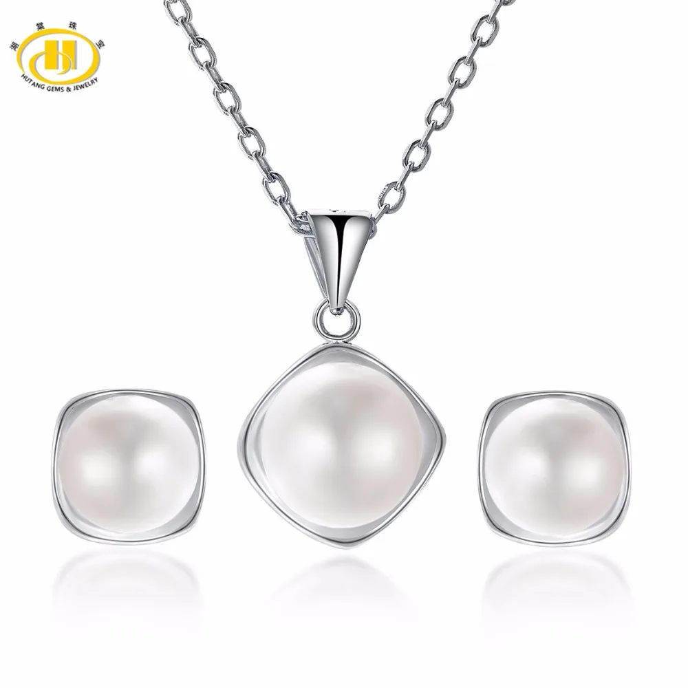 

Hutang Pearl Jewelry Sets 100% Natural Fresh Water Pearl Solid 925 Sterling Silver Pendant and Earrings Fine Jewelry For Women