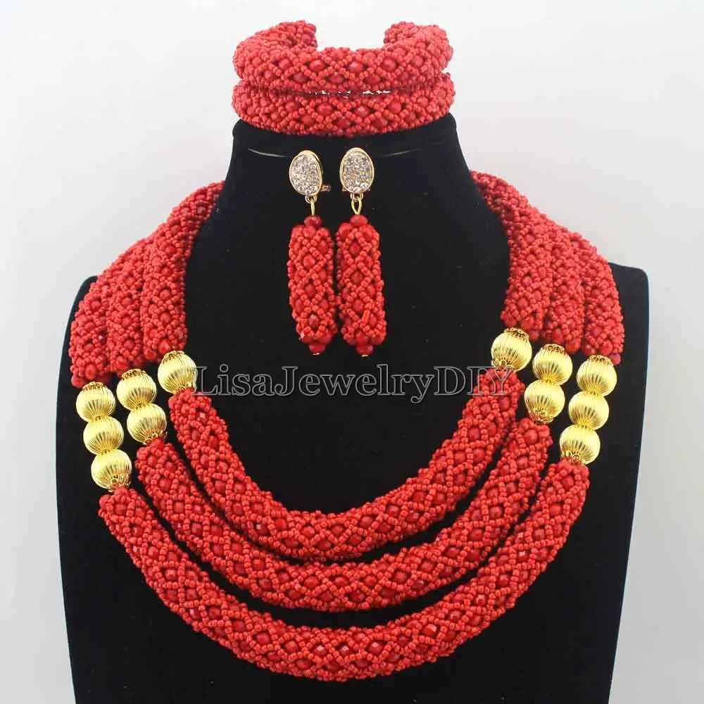

Stylish Red Nigerian Wedding African Beads Jewelry Set Handmade Indian Dubai Bridal Necklace Sets Free Shipping HD8261