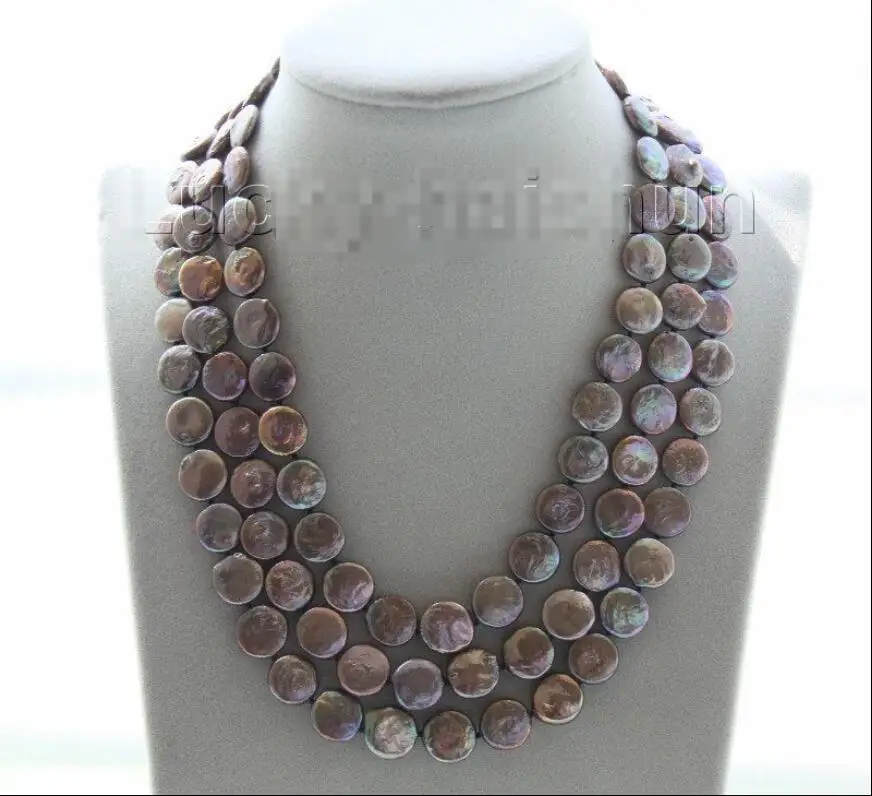 

Free shipping hot sale Women Bridal Wedding Jewelry >>15.5"-17.5" 3row 12mm coin fastener light coffee pearl necklace cg