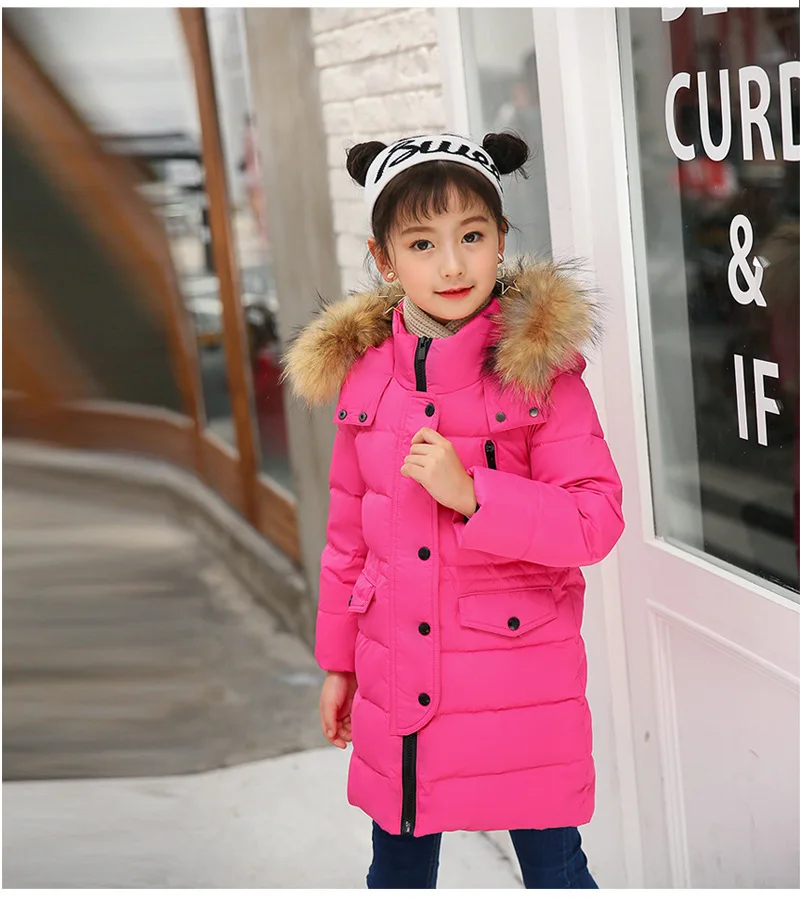 Коллекция 2019 года, плотное теплое зимнее пальто с капюшоном и мехом для девочек однотонная детская зимняя куртка на молнии для девочек
