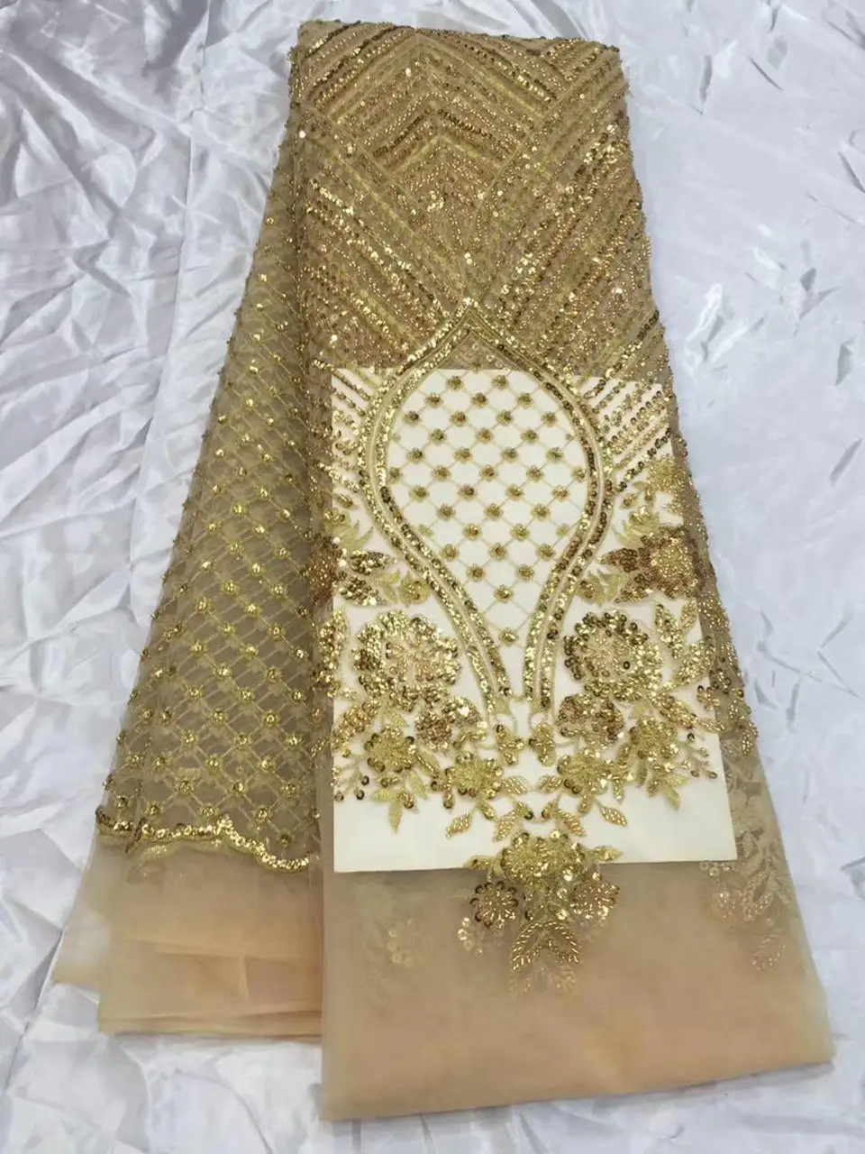 Золотой бисер кружевной ткани роскошные французский чистая кружево с блестками ручной работы Свадебная кружевная ткань dentelle tissu 5yard/лот RG474