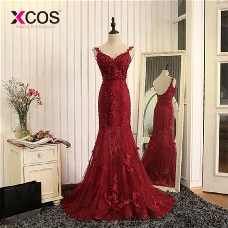 XCOS бургундское Платье De Soiree 2019 Русалка v-образным вырезом Тюль Аппликации Кружева