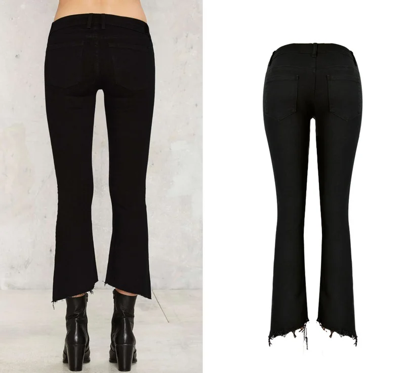 Модные женские черные женские джинсы клёш Винтаж неровные края Ленточки джинсы Femme эластичные джинсовые штаны