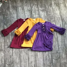 Осенне-зимняя детская одежда для маленьких девочек; хлопковое платье с длинными рукавами; однотонное платье с рюшами горчичного и зеленого цвета; изысканные наряды