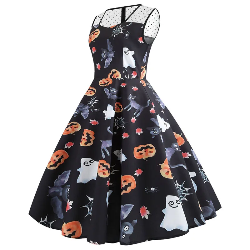 Женское платье для Хэллоуина; одежда для хеллоуина; винтажное кружевное платье без рукавов с рисунком тыквы в стиле ретро; платье трапециевидной формы; нарядный костюм