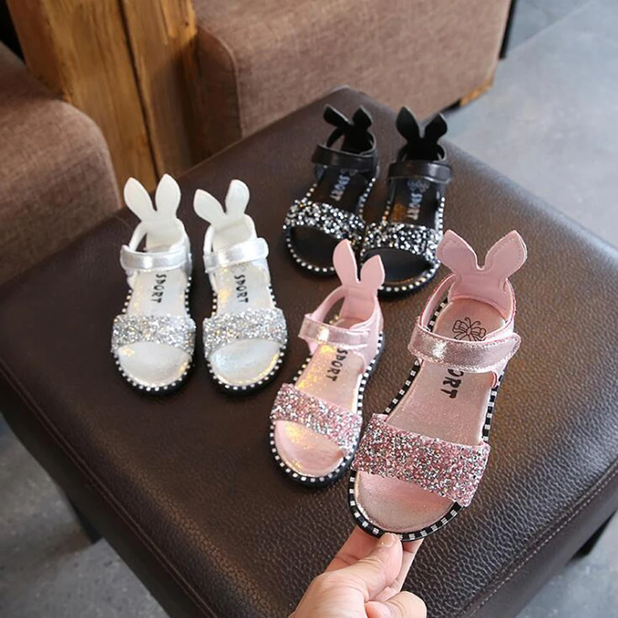 

MHYONS 2019 Hot Sale Baby Girl Sandals Fashion Bling Shiny Rhinestone Girls Shoes With Rabbit Ear Kids Flat Sandals 21-30