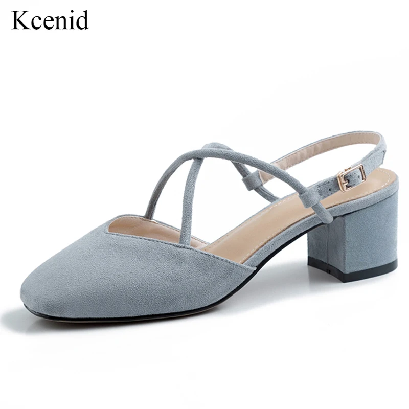 

Kcenid Big size 43 back strap flock sandals women thick heels sandals square toe sky blue fashion shoes 2019 new female shoes