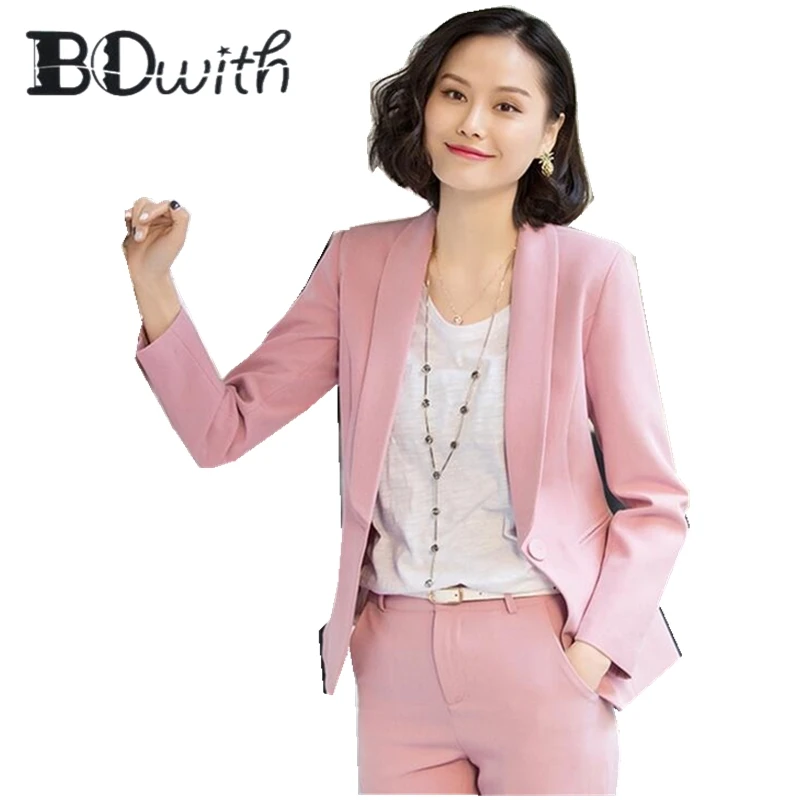 

High Quality Pink Work Pant Suits OL 2 Piece Sets Single Breasted Women Blazer Jacket & Pencil Pant Suit For Women Set