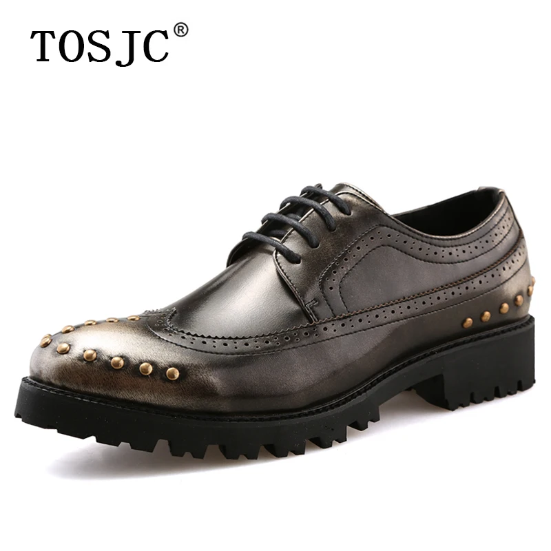 

TOSJC Fashion Mens Lace Up Casual Brogue Shoes Man Vintage Round-toe Dress Oxfords Punk Style Rivet Carved Formal Shoes for Men