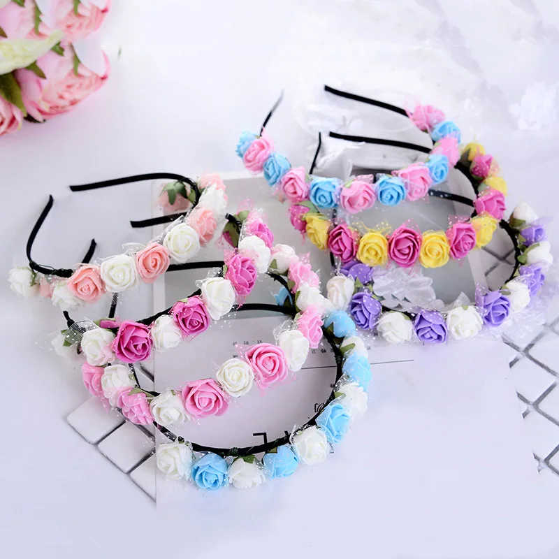 

Fashion Sweet Colorful Flower Bride children's wedding hair Accessories plastic Hoop Girls hair band Rope Headband Gifts