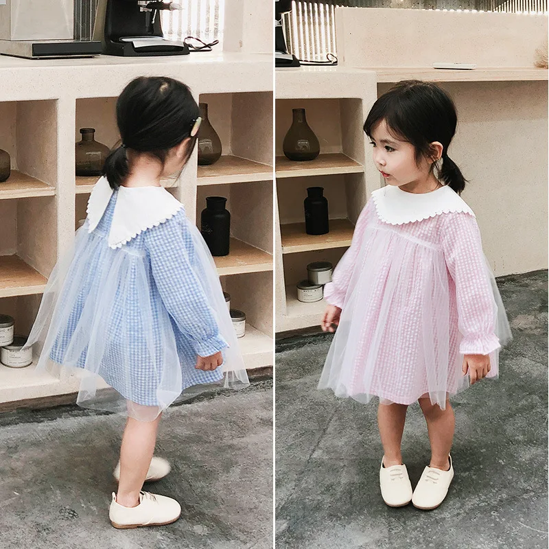 

Spring and Autumn New Arrival Korean style cotton A-line style all-match princess plaid long sleeve dress for sweet baby girls