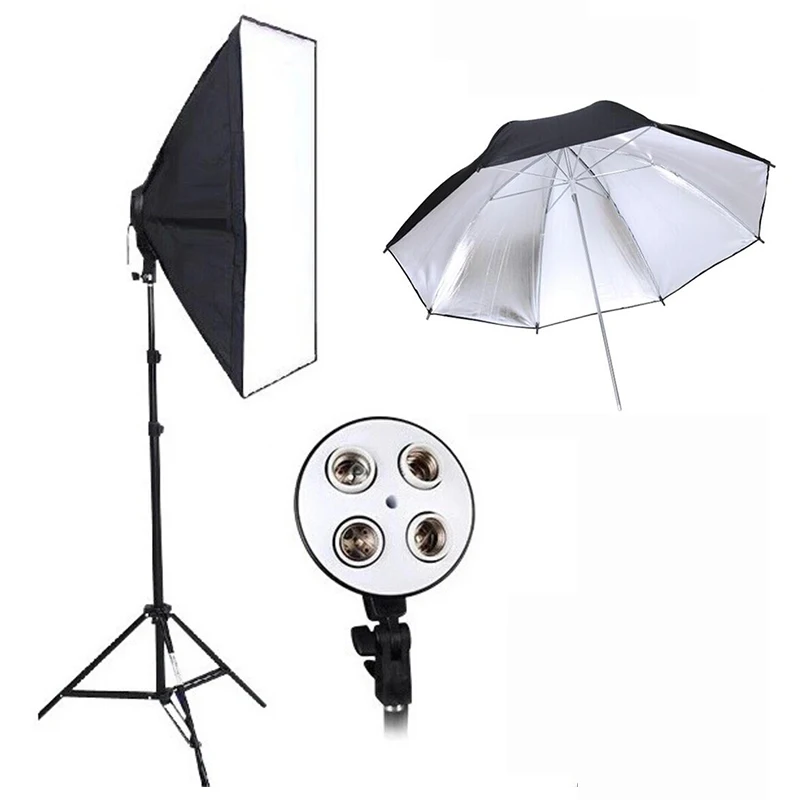 

Photography Light Softbox Support 4 Bulbs E27x4 and Reflective Material Umbrella 33-inch and Tripod Set