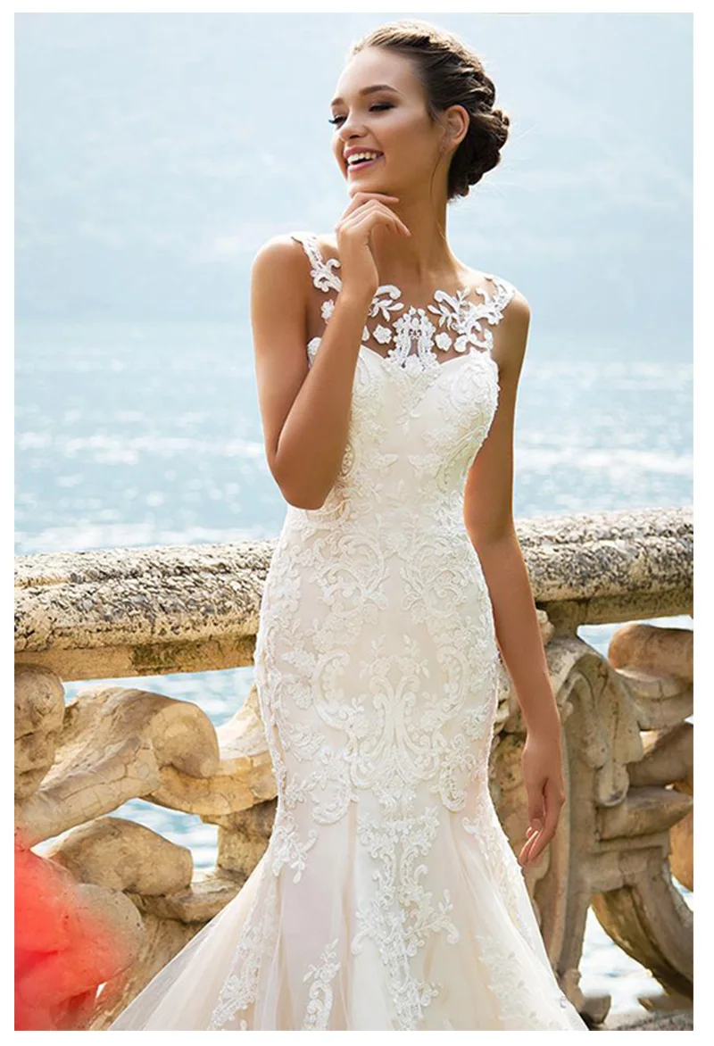 Свадебное платье без рукавов с двойным плечом и аппликацией на шее, кружевное платье, белое платье для невесты