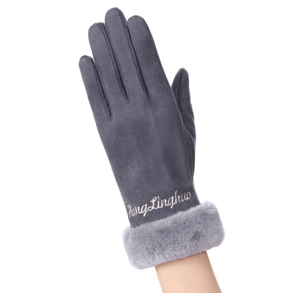 Женские однотонные зимние теплые перчатки из искусственной замши, теплые модные варежки с вышитыми буквами# JN - Цвет: Gray