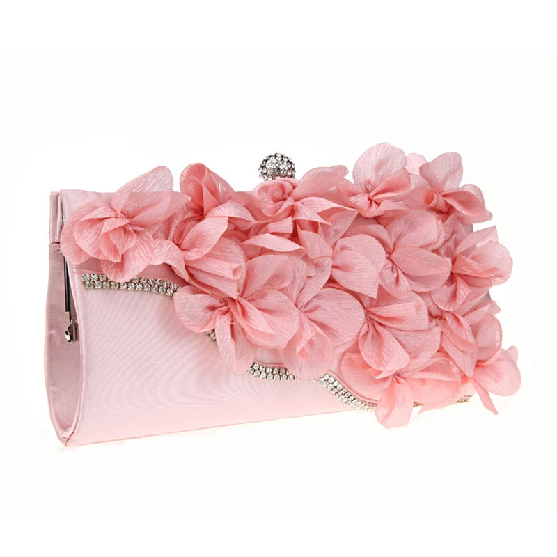 

Women Clutch Bag Satin Rose Solid Color Handbag Evening Bags Wedding Portable Handbags High Grade Diamonds Decor Shoulder Bags