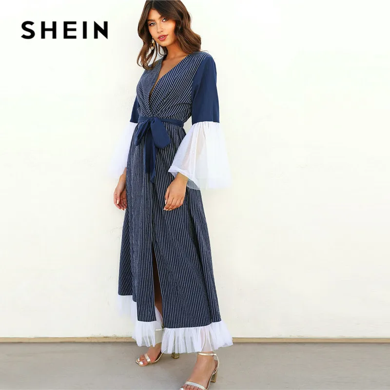 SHEIN التباين شبكة الرداء الكهنوتي الرقبة مخطط الحجاب ماكسي اللباس مع حزام البحرية كم طويل عميق الخامس الرقبة اللباس الأنيق النساء فستان طويل