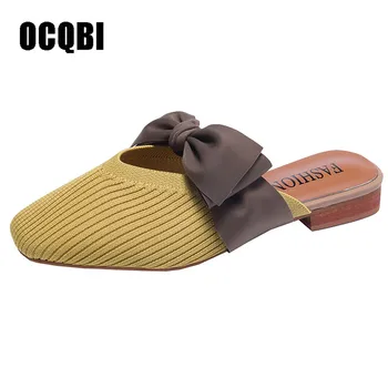 

New Women Slippers Flats Butterfly-Knot Shoes Low Heels Spring Mules For Women Slides Wool Female Square Toe Sweet Girls Slipper