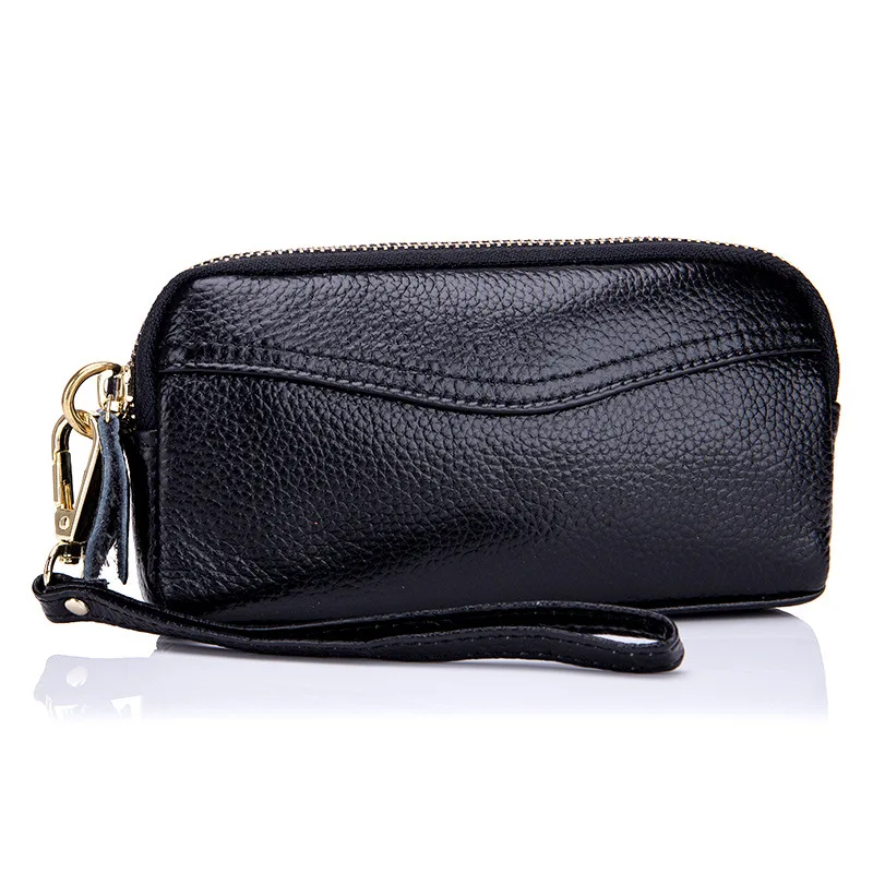 

New Genuine Leather Double Zipper Wristlet Clutches Women Black Day Clutches Party Purse Mobile Phone Bag Practical Large Wallet