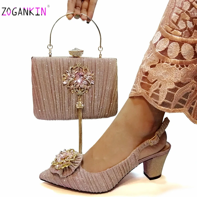 

New Arrival Elegant Nigerian Matching Sandals and Purse Set for Wedding Woman Italian Shoes and Bag Set with Shinning Crystal