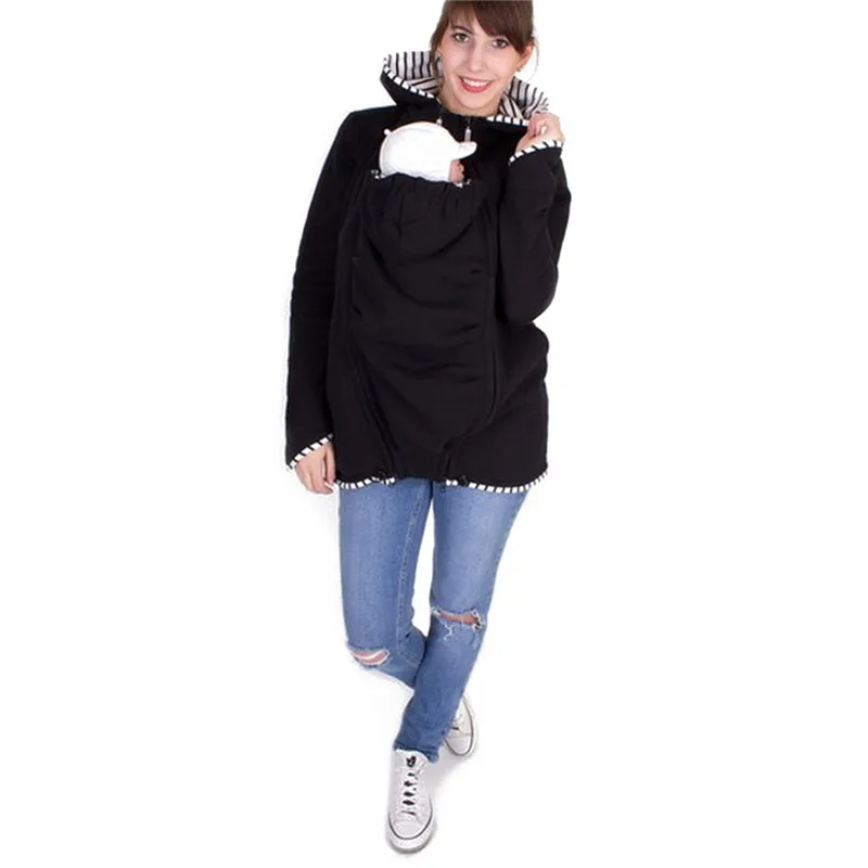 Модное женское уличное пальто Рюкзак-переноска Materity Carrier свитшоты теплая хлопковая куртка-кенгуру пальто для беременных - Цвет: Черный