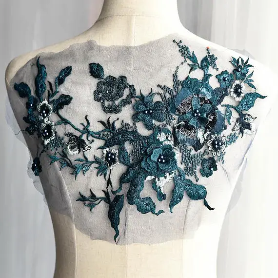 

1 piece dark green Lace applique, bead lace applique with 3D flowers, handmade headpiece lace appliques