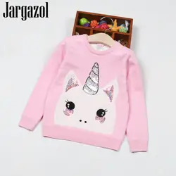 Jargazol/зимняя одежда для маленьких девочек; Милые осенние детские свитера с вышивкой единорога и пайетками; вязаные наряды для девочек;