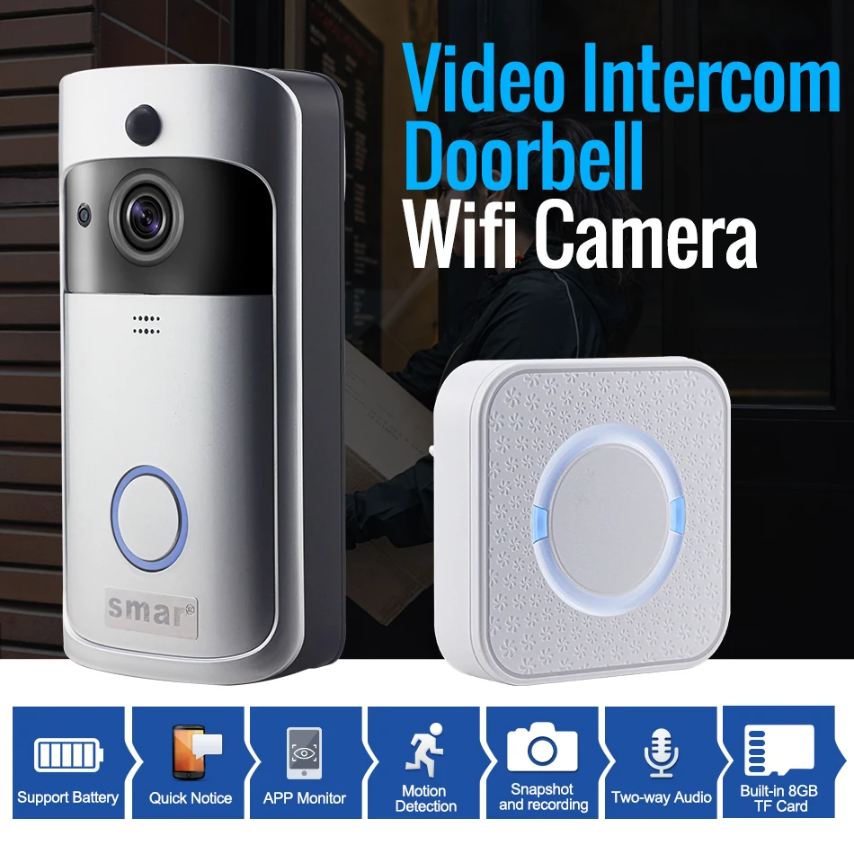 Smar 720P Wifi Battery Doorbell Intercom Camera Infrared Night Vision Home Wireless IP Camera PIR Alarm With 8GB SD Card (1)