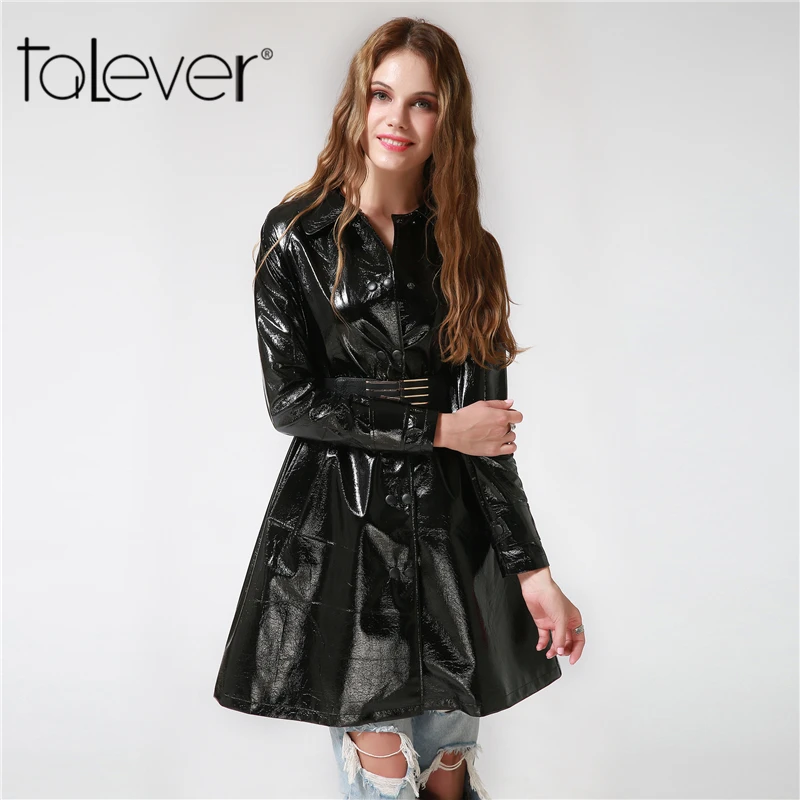 Women's Autumn Winter Long Leather Jackets 2017 Long Sleeve Sexy Black Patent Leather Coat 4XL Female Talever ( Gift : Belt )