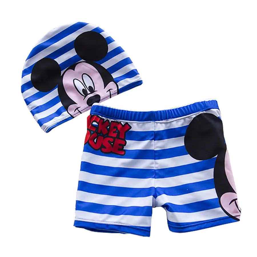 

2018 New Children Swim Trunks for Boy Blue Striped Cartoon Swimming Briefs with Bathing Cap 105 to 135cm Kids Beach Wear