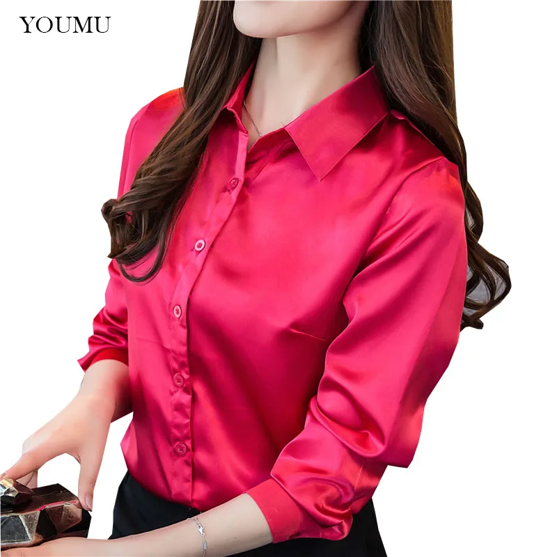 Tops Lady Faux Silk Satin Shirt Long Sleeve Button Down Formal Work OL