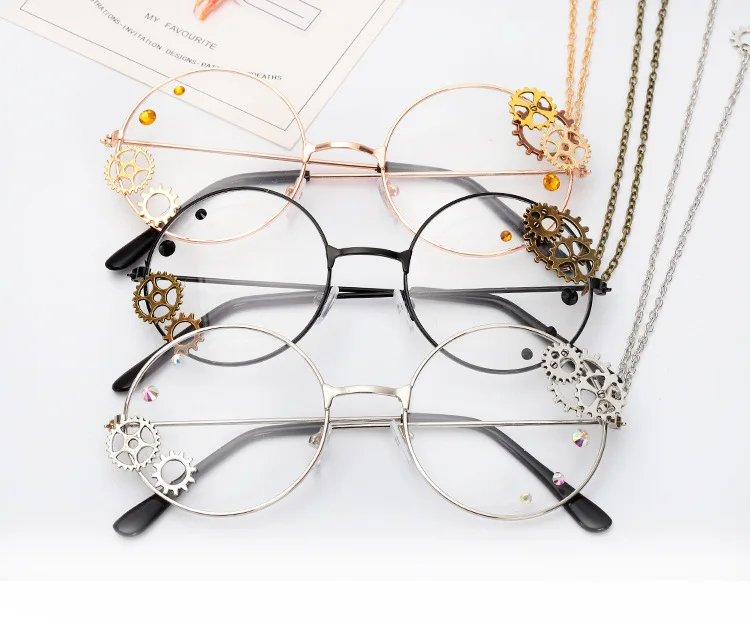 Cosplay&ware Oulylan Round Glasses Frames Women Vintage Metal Eyeglasses Ladies Cosplay Lolita Gears Chain Decoration Spectacle Frame -Zentai shop online