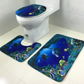 

3Pcs/Set Bathroom Living Room Anti-Slip Dolphin Pedestal Rug + Lid Toilet Cover + Bath Mat Ocean Decoration Carpet