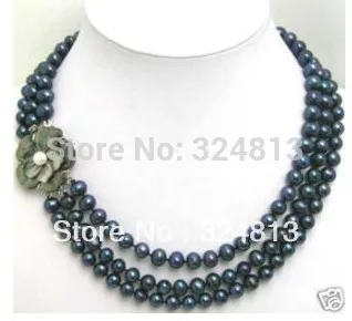 

3Row 7-8mm Black pearl Necklace Flwoer Shell Clasp #2104 ##a #a